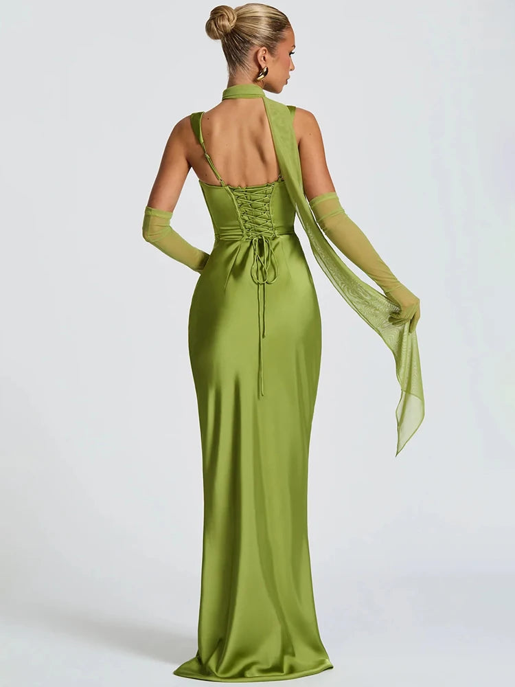 Vestido Maxi Satén Halter Lace-Up Bodycon