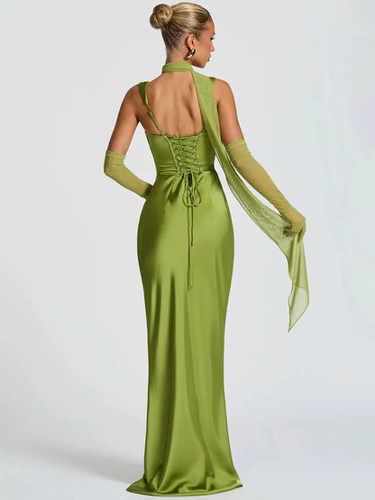 Vestido Maxi Satén Halter Lace-Up Bodycon