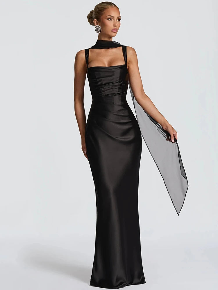 Vestido Maxi Satén Halter Lace-Up Bodycon