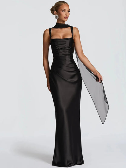 Vestido Maxi Satén Halter Lace-Up Bodycon