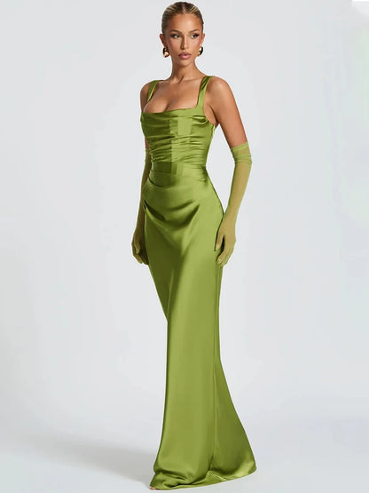 Vestido Maxi Satén Halter Lace-Up Bodycon