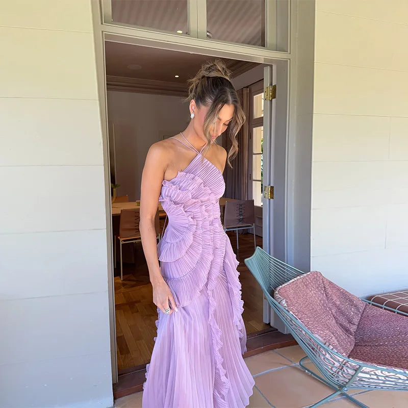 Vestido Largo Gasa Halter Volantes Lila