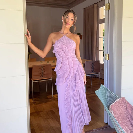 Vestido Largo Gasa Halter Volantes Lila