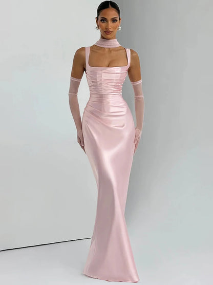 Vestido Maxi Satén Halter Lace-Up Bodycon