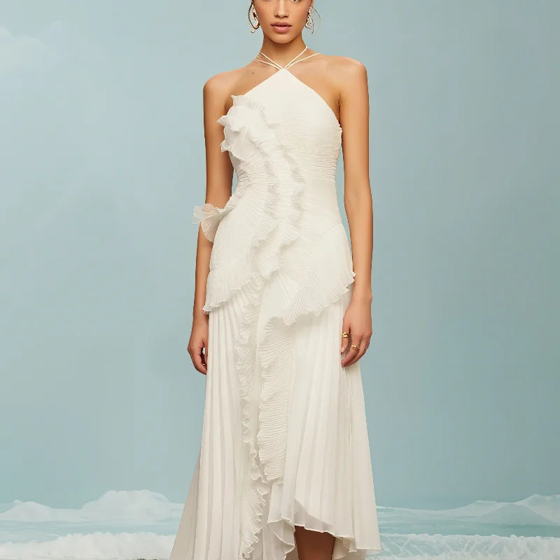 Vestido Largo Gasa Halter Volantes Lila