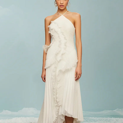 Vestido Largo Gasa Halter Volantes Lila