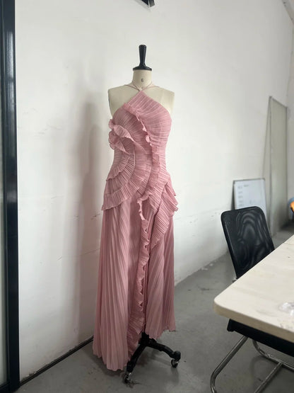 Vestido Largo Gasa Halter Volantes Lila