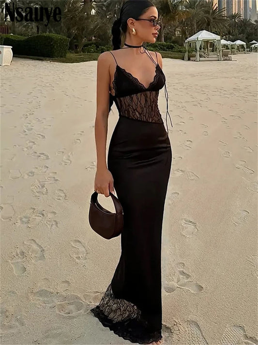 Vestido Largo Encaje Espalda Descubierta Negro
