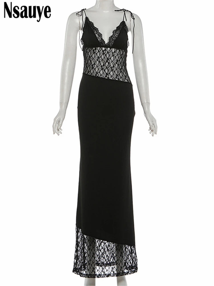 Vestido Largo Encaje Espalda Descubierta Negro