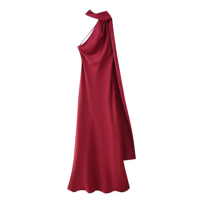 Vestido Maxi Satén Halter Espalda Abierta