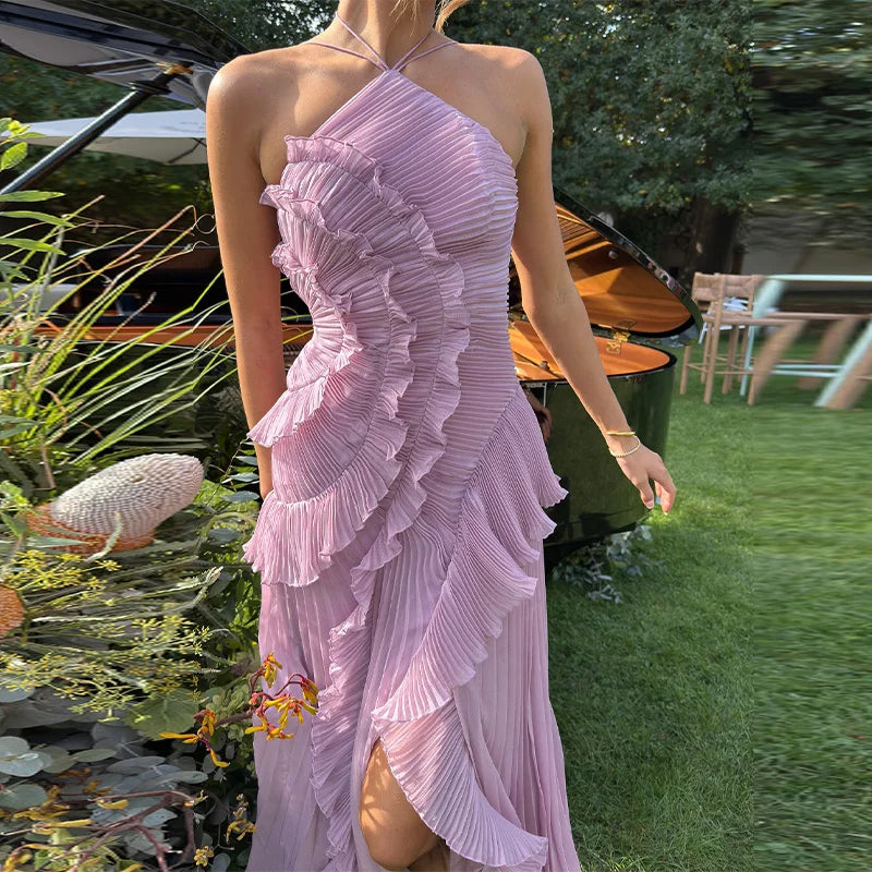 Vestido Largo Gasa Halter Volantes Lila