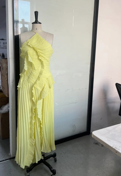 Vestido Largo Gasa Halter Volantes Lila