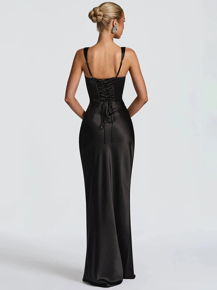 Vestido Maxi Satén Halter Lace-Up Bodycon