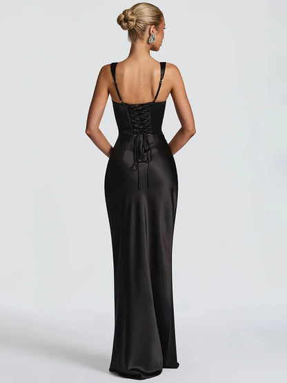 Vestido Maxi Satén Halter Lace-Up Bodycon